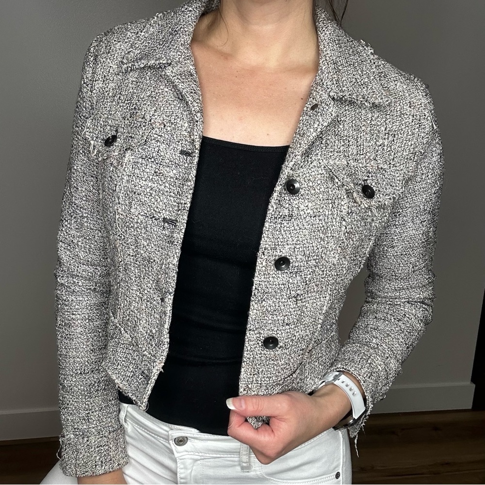 Milly Grey Metallic Tweed Modern Cropped Button Front Blazer Small